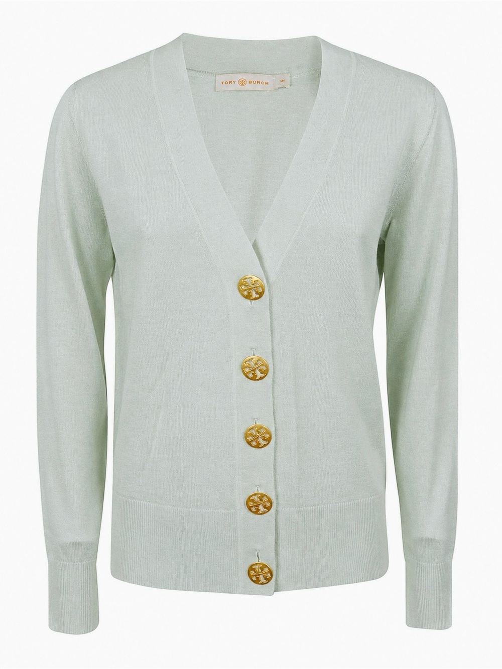 TORY BURCH Cashmere Blend Mint Green V-Neck Cardigan Sweater Gold Buttons